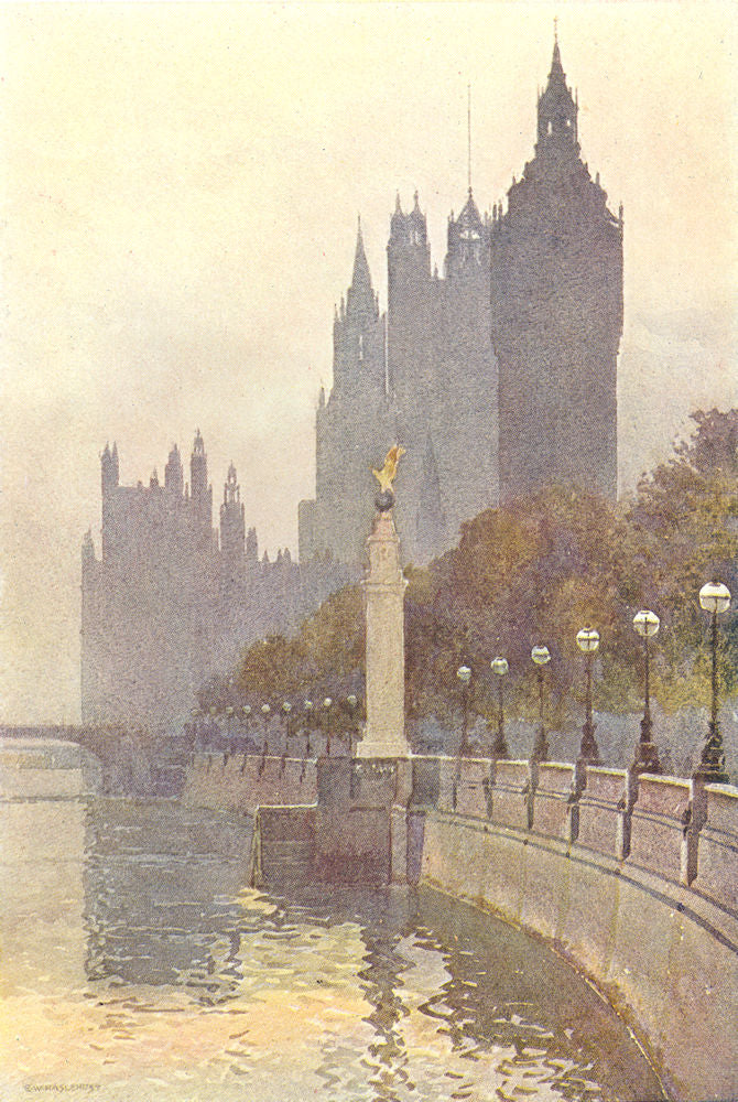 Houses of Parliament from the Embankment. London. By Ernest Haslehust 1920